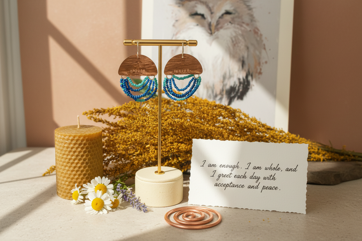 Mini Wordkeeper Earrings Enough by Jewellery by JN in branded packaging with a handwritten affirmation card and ritual props on an earthy background.