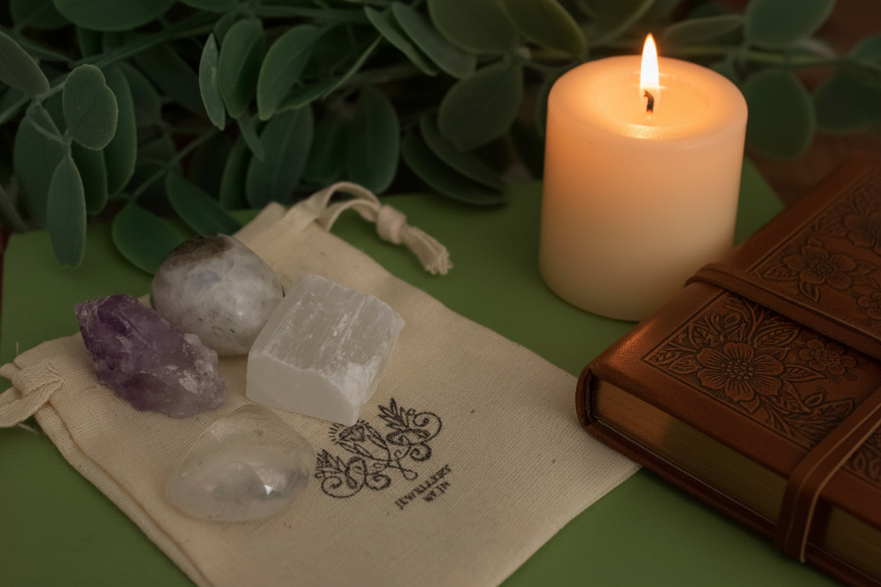 Full Moon Gemstone Bag by Jewellery by JN styled with journal, affirmation card, beeswax candle, and dried flowers on earthy background.