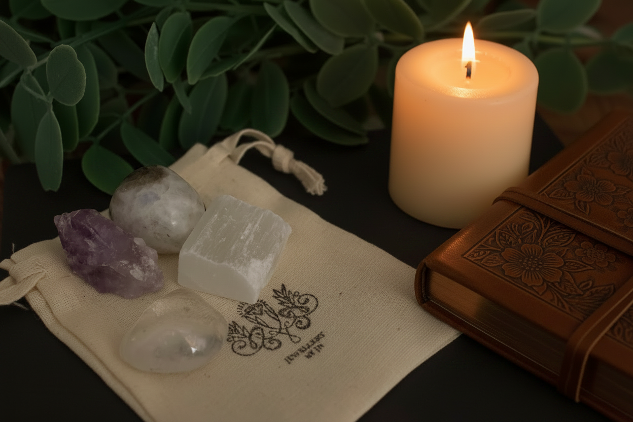 A cream canvas drawstring pouch with a black printed logo, holding several polished crystals, next to a lit cream pillar candle and a brown embossed leather journal on a dark surface with green foliage in the background.