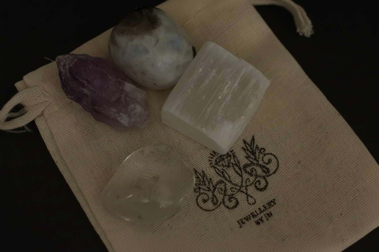 Four raw crystal stones arranged on a beige fabric drawstring pouch with a black printed logo reading 'JEWELLERY BY JN'. The stones include a purple amethyst, a white selenite cube, a clear quartz piece, and a gray-blue stone.