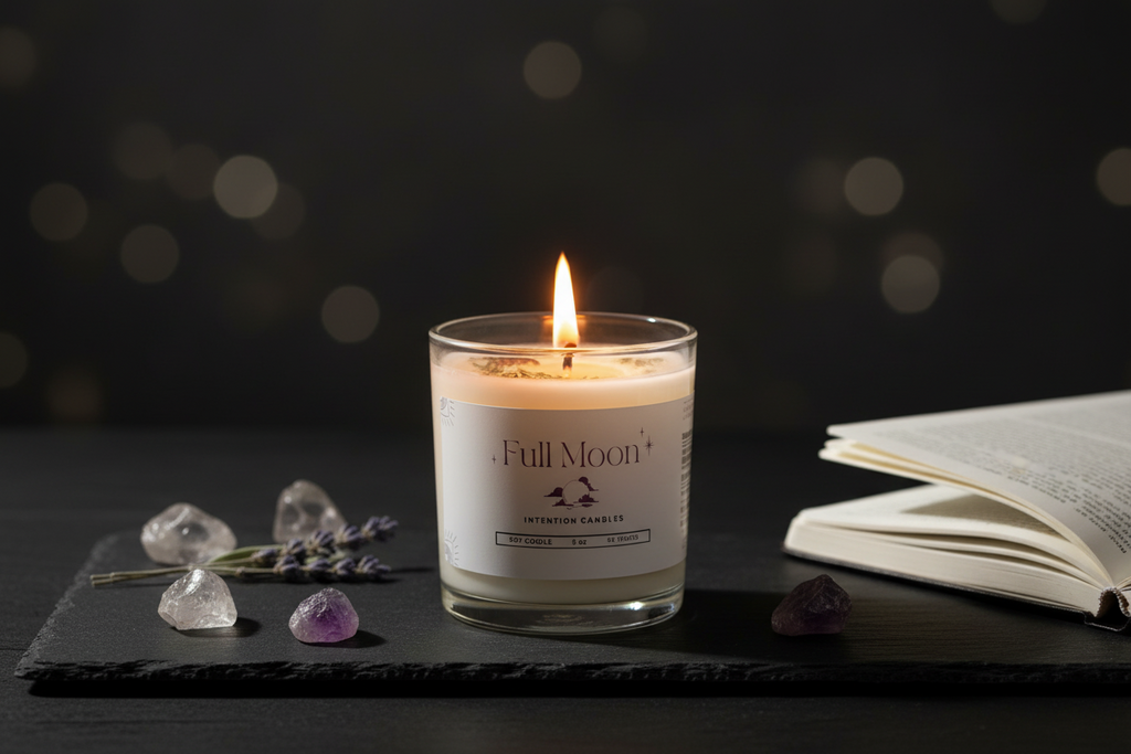 A lit Full Moon + scented candle in a clear glass jar sits on a dark slate tray with crystals, lavender sprigs, and an open book against a dark blurred background.