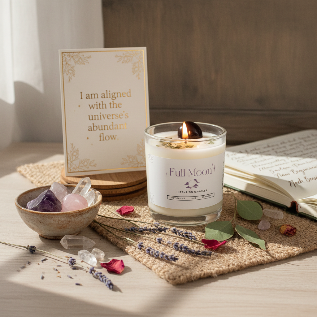 Full Moon Intention Candle by Jewellery by JN styled with journal, affirmation card, dried flowers, and ritual objects on earthy background