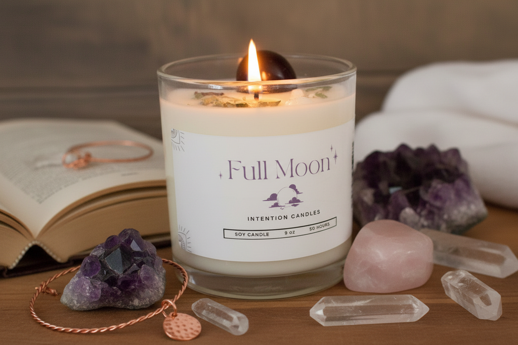 Full Moon Intention Candle by Jewellery by JN, lit with glowing flame, showing crystals and botanicals embedded in wax with silver glitter.