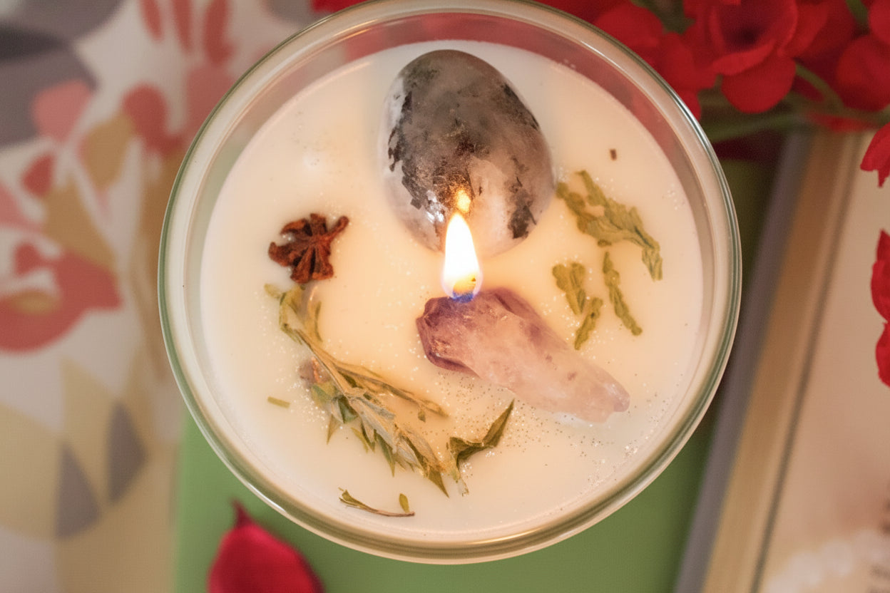 Candle in a tin with floating botanicals and a lit wick, surrounded by flowers.