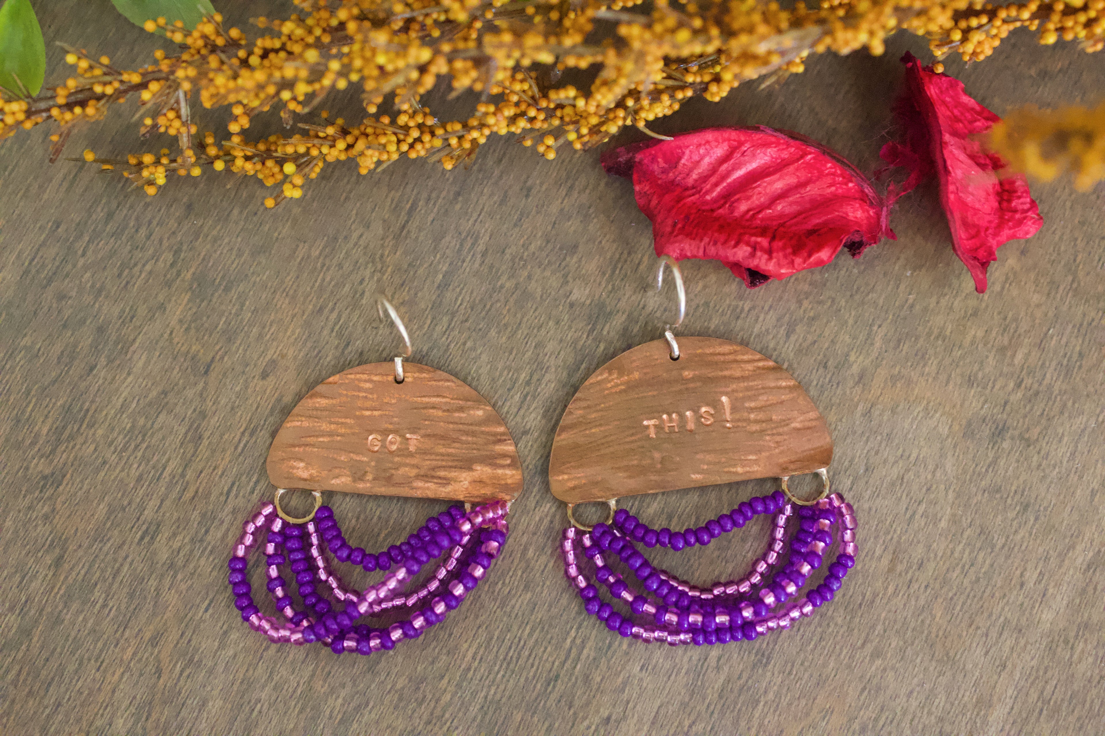 Mini Wordkeeper Earrings Got This by Jewellery by JN, hand-forged copper, purple pink and silver bead fringe, GOT THIS! affirmation, sterling silver hooks