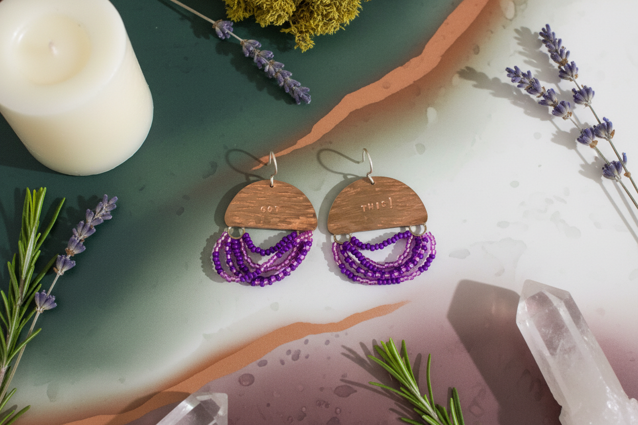 Mini Wordkeeper Earrings Got This by Jewellery by JN, hand-forged copper with purple, pink, and silver seed bead fringe and handmade sterling silver ear wires, shown front-facing.