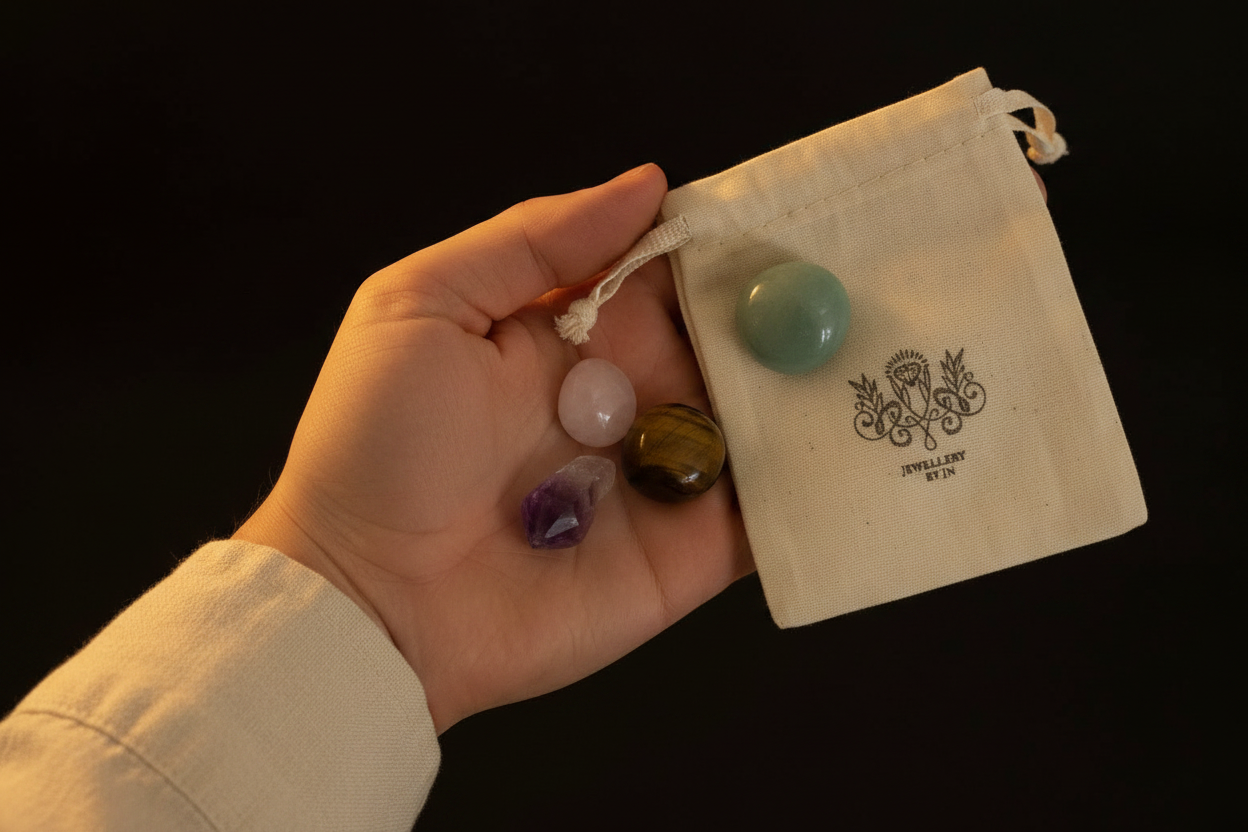 A hand holds a small cream drawstring pouch with a printed logo and four polished gemstone tumbled crystals, including amethyst, rose quartz, green aventurine, and tiger's eye, against a solid black background.
