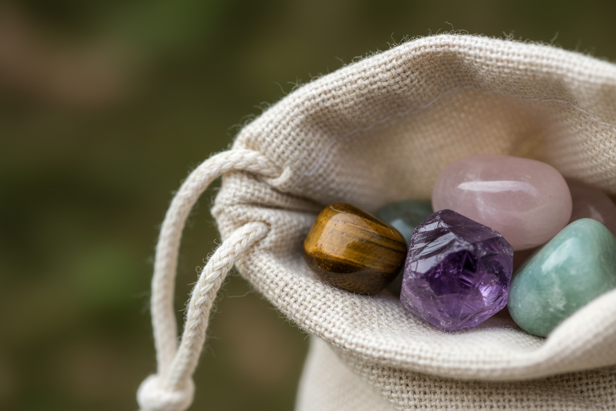Drawstring bag with colorful crystals on a blurred natural background