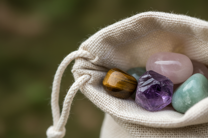 Drawstring bag with colorful crystals on a blurred natural background