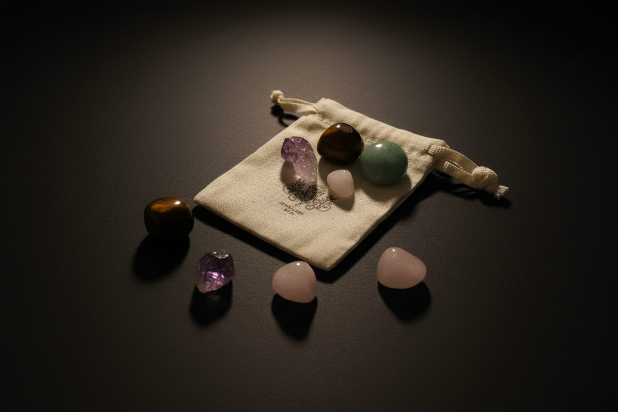 A set of polished crystal stones in various colors, including pink, purple, green, and brown, arranged around a small cream-colored drawstring pouch on a dark, reflective surface.
