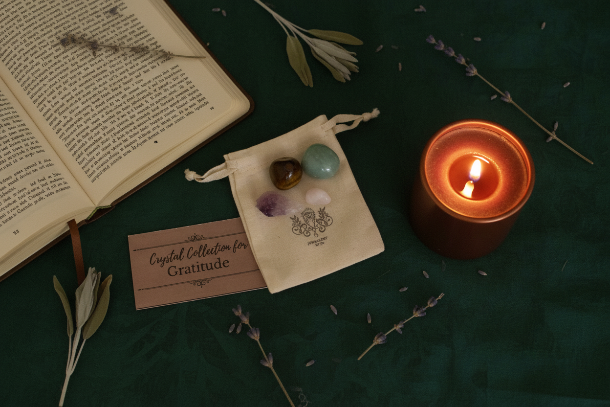 Open book, crystal collection bag, lit candle, and dried lavender on a dark surface