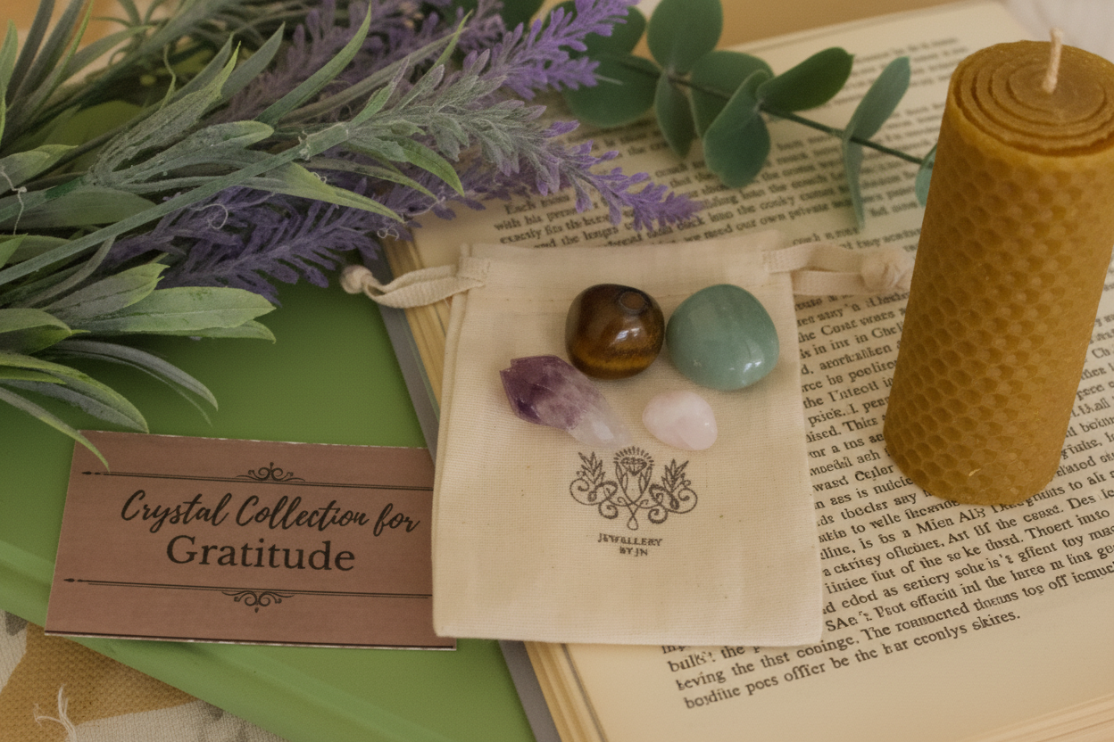 Crystal collection for gratitude with stones, candle, and plants on an open book