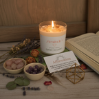 Gratitude Intention Candle by Jewellery by JN styled with journal, affirmation card, dried flowers, and ritual objects on earthy background.