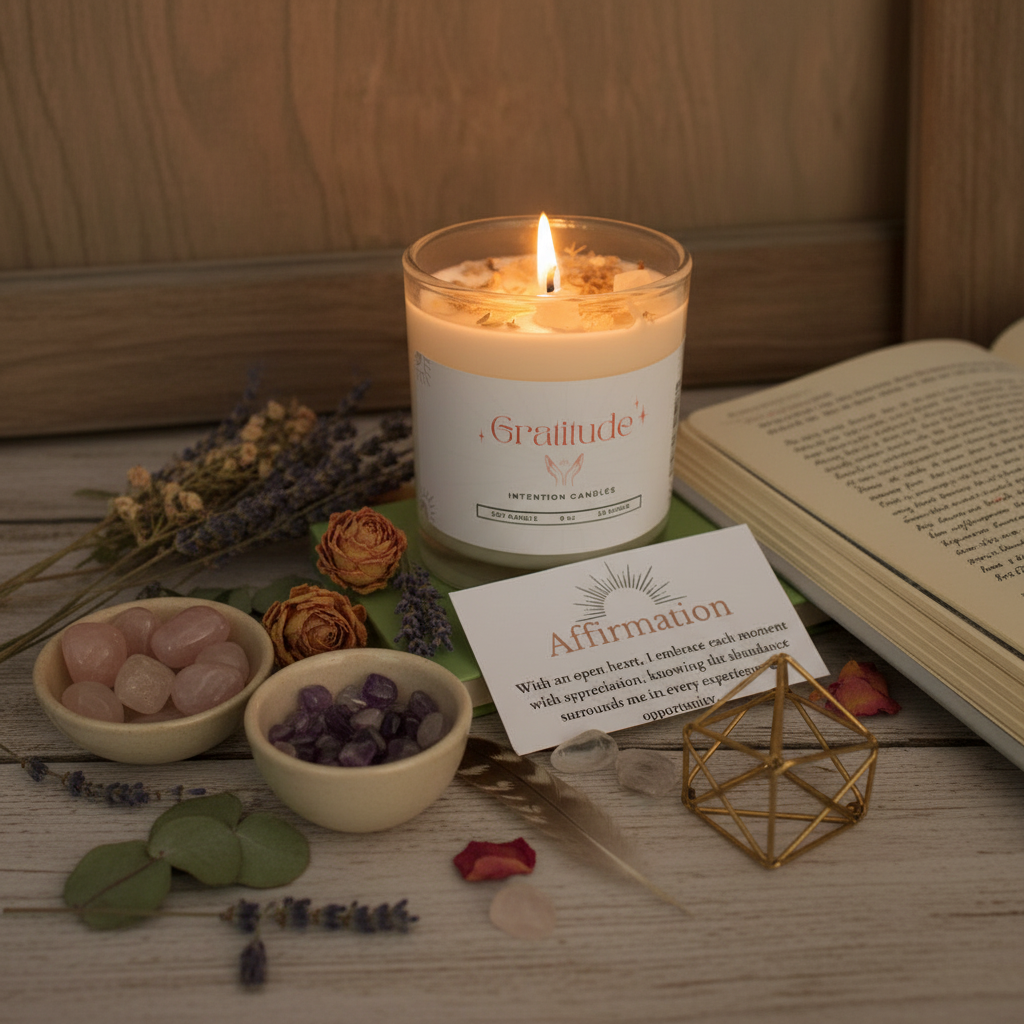 Gratitude Intention Candle by Jewellery by JN styled with journal, affirmation card, dried flowers, and ritual objects on earthy background.