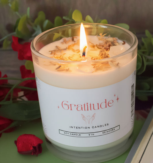 Gratitude Intention Candle by Jewellery by JN, hand-poured, Peppermint Vanilla, rose quartz, citrine, clear quartz, lavender, calendula