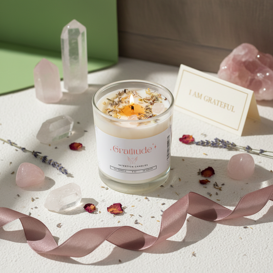 Gratitude Intention Candle by Jewellery by JN, hand-poured candle with Rose Quartz and Citrine crystals, lavender and calendula herbs, displayed on creamy linen with ritual props.