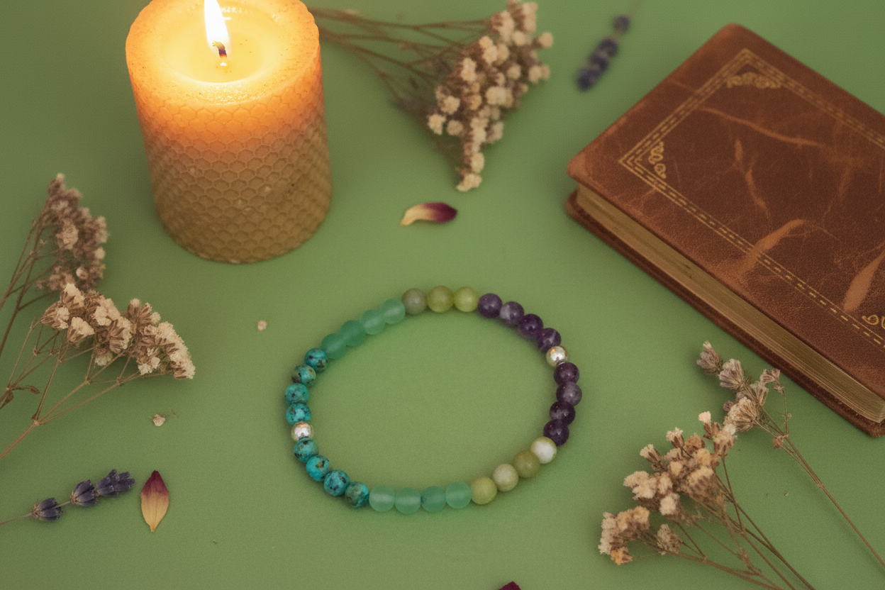 Colorful beaded bracelet on a green surface with a candle and dried flowers.