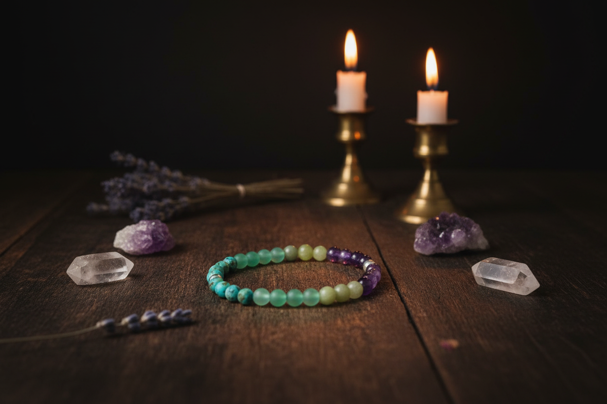 A beaded stretch bracelet made of turquoise, mint green, and purple beads sits on a dark wooden table, surrounded by crystals, lavender, and two lit candles in brass holders.