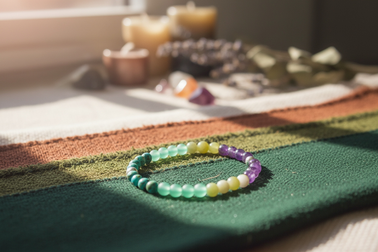 Colorful beaded bracelet on a textured surface with candles and stones in the background