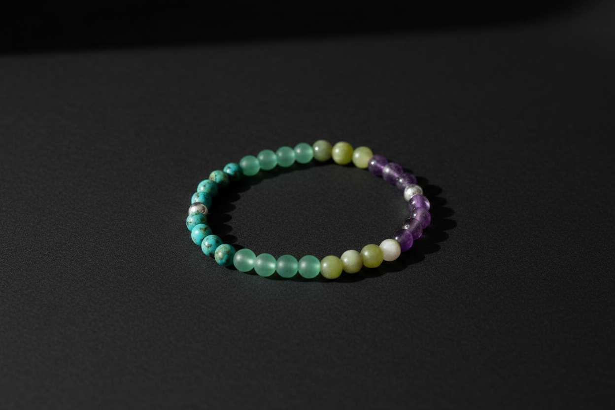A beaded stretch bracelet made of alternating translucent green, pale yellow, white, and purple beads, displayed on a dark black background.