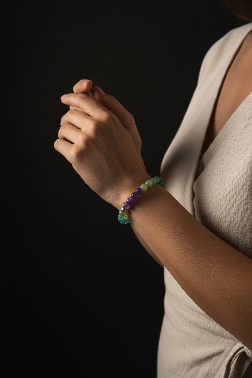 A close-up of a person's hand and wrist wearing a beaded stretch bracelet with green, purple, and blue beads, paired with a beige sleeveless top against a solid black background.