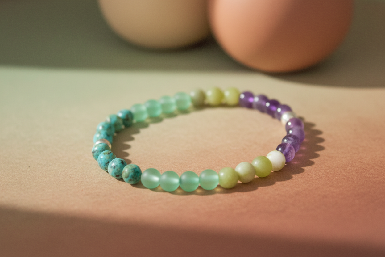 Multicolored beaded bracelet on a beige surface with a soft focus background