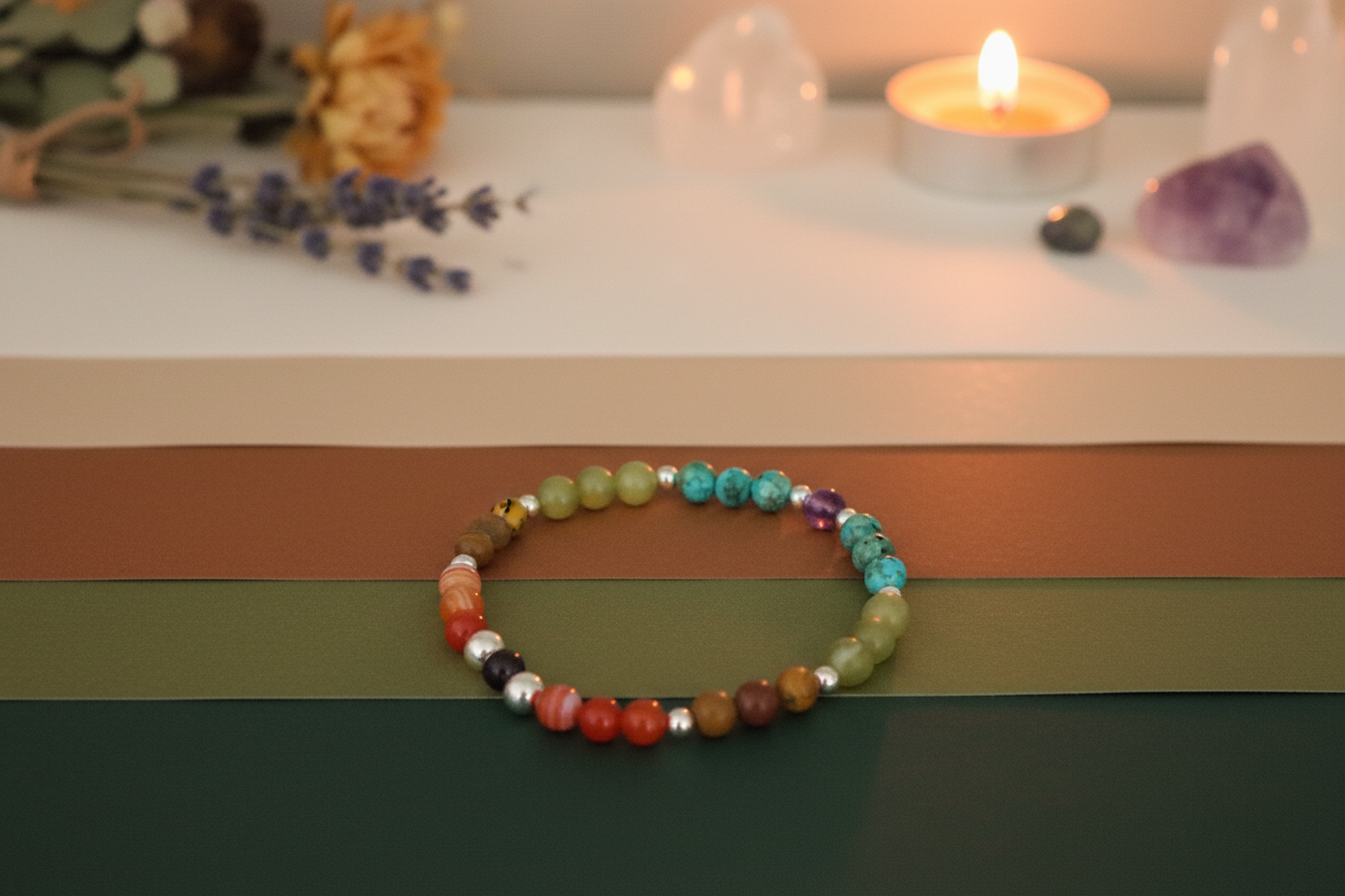 Elder Fire Bracelet styled with ritual props, featuring red agate, jade, jasper, turquoise, amethyst, obsidian, and silver beads, Jewellery by JN.