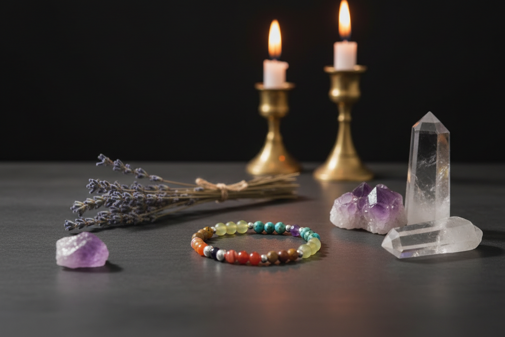 A beaded bracelet with multicolored round beads is displayed on a dark tabletop alongside crystals, dried lavender, and two lit candles in brass holders against a dark background.