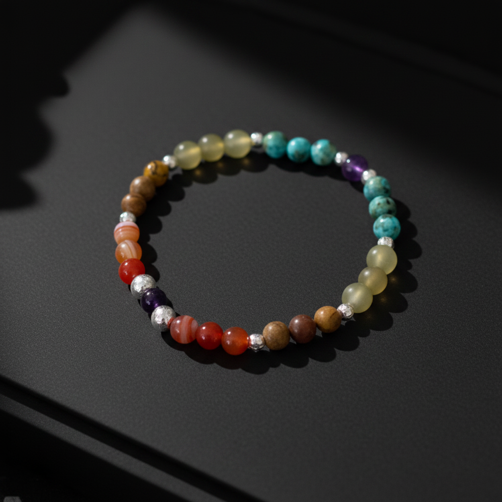 A beaded stretch bracelet featuring natural gemstone beads in multiple colors including turquoise, yellow, red, purple, brown, and silver spacer beads, displayed on a dark textured surface.
