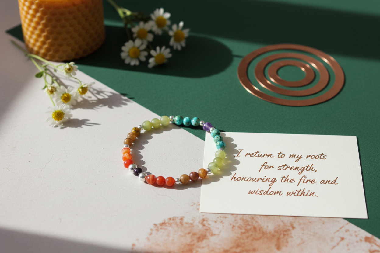 Elder Fire Bracelet by Jewellery by JN with handwritten affirmation card, styled with ritual props on a creamy background.