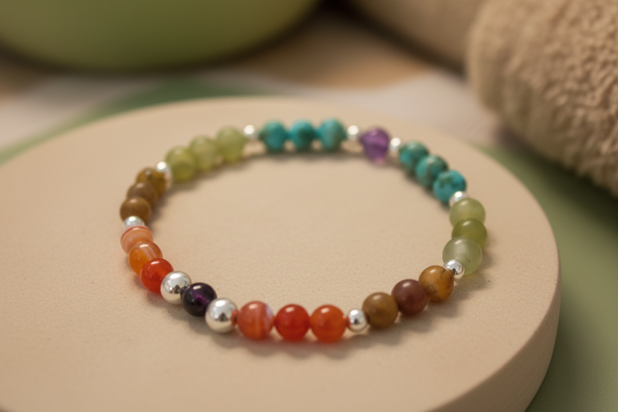 Close-up of Elder Fire Bracelet by Jewellery by JN, highlighting the variety of gemstones and sterling silver bead details.