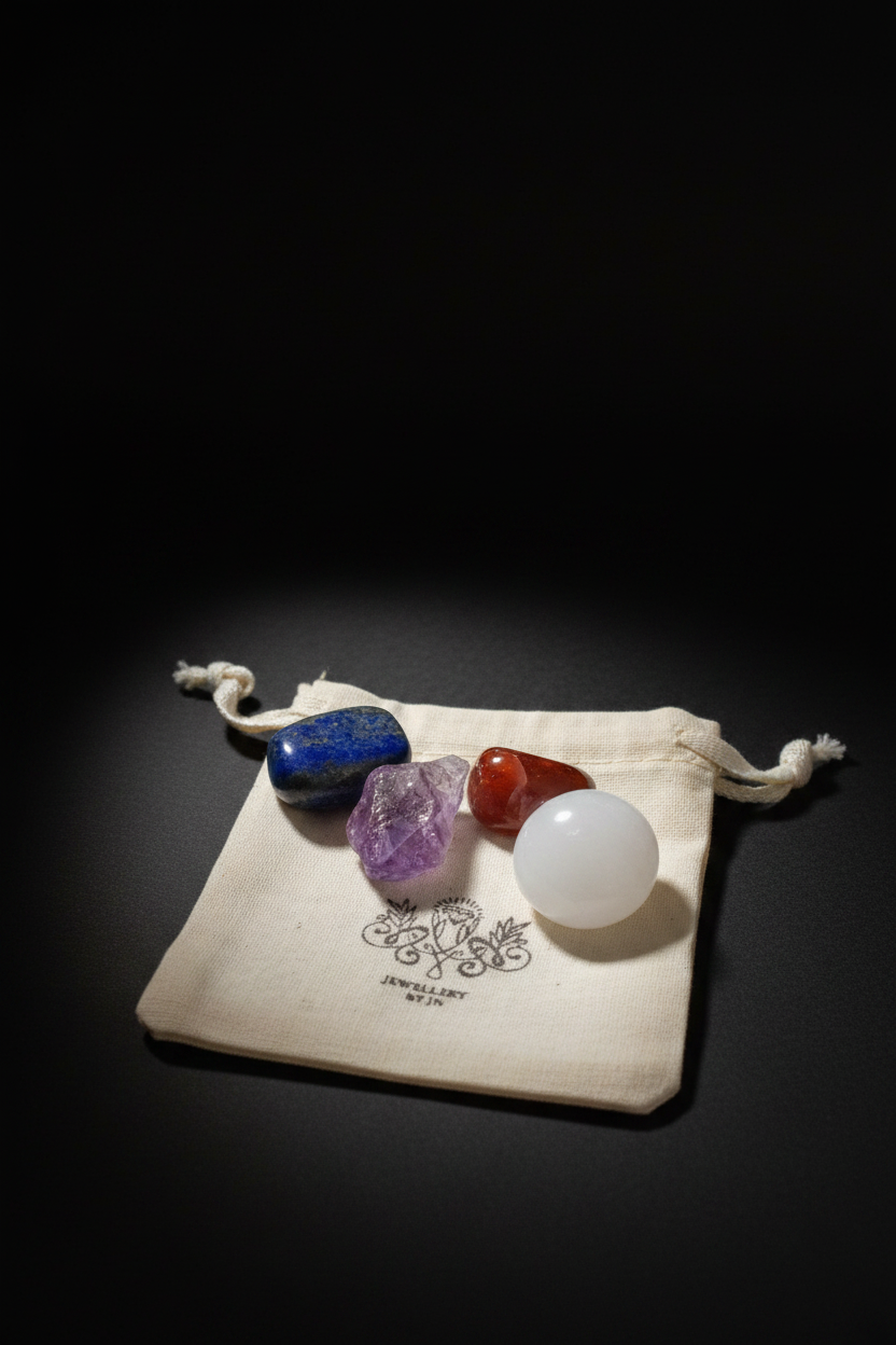 Four gemstones and a white tumbled sphere displayed on a small cream drawstring pouch with a printed logo, set against a dark black background.