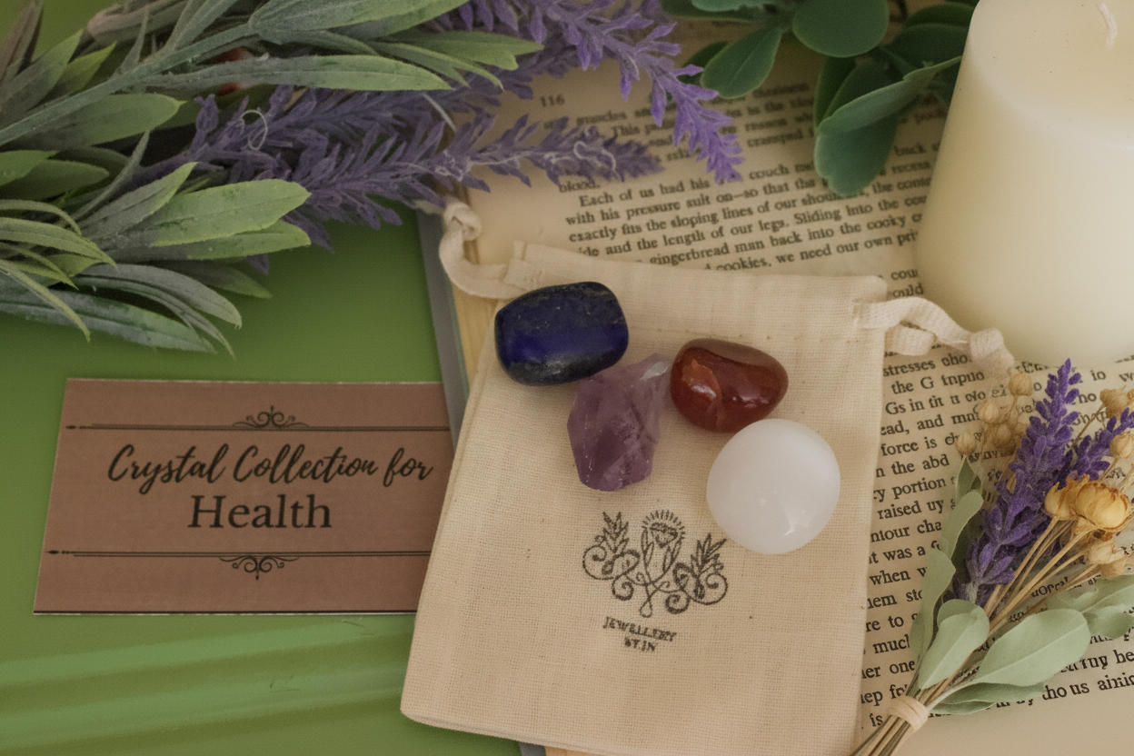 Health Gemstone Bag by Jewellery by JN, recycled cotton pouch with tumbled Carnelian, Amethyst, Selenite, and Lapis Lazuli, displayed on creamy linen with ritual props.