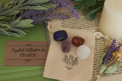 Health Gemstone Bag by Jewellery by JN, recycled cotton pouch with tumbled Carnelian, Amethyst, Selenite, and Lapis Lazuli, displayed on creamy linen with ritual props.