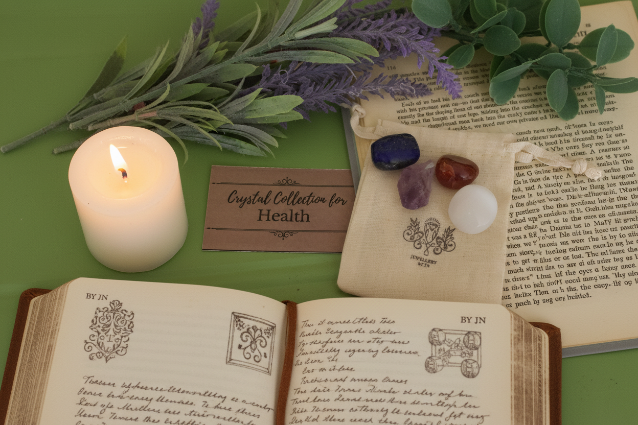 Health Gemstone Bag by Jewellery by JN styled with journal, affirmation card, beeswax candle, and dried flowers on earthy background.