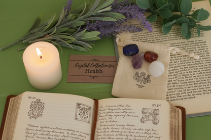 Health Gemstone Bag by Jewellery by JN styled with journal, affirmation card, beeswax candle, and dried flowers on earthy background.