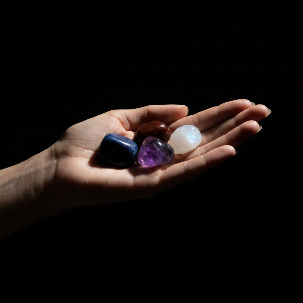 Four polished tumbled crystals in dark blue, brown, purple, and white are held in a person's open palm against a solid black background.