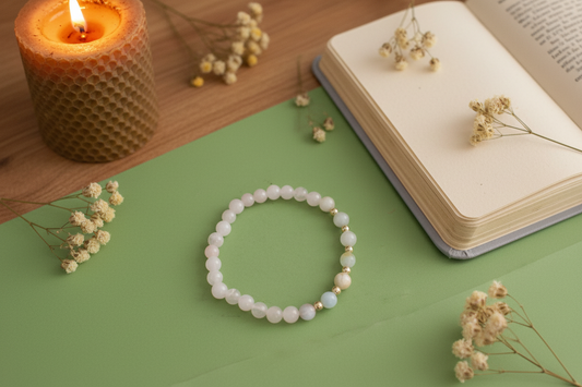 quartz bracelet on a green surface with a lit candle and dried flowers in the background