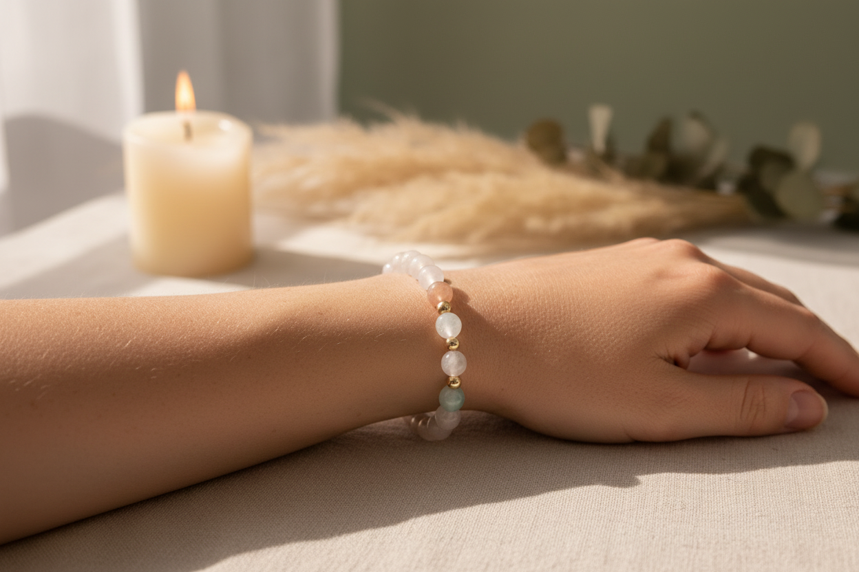 Hand wearing a bracelet with a candle and dried plants in the background