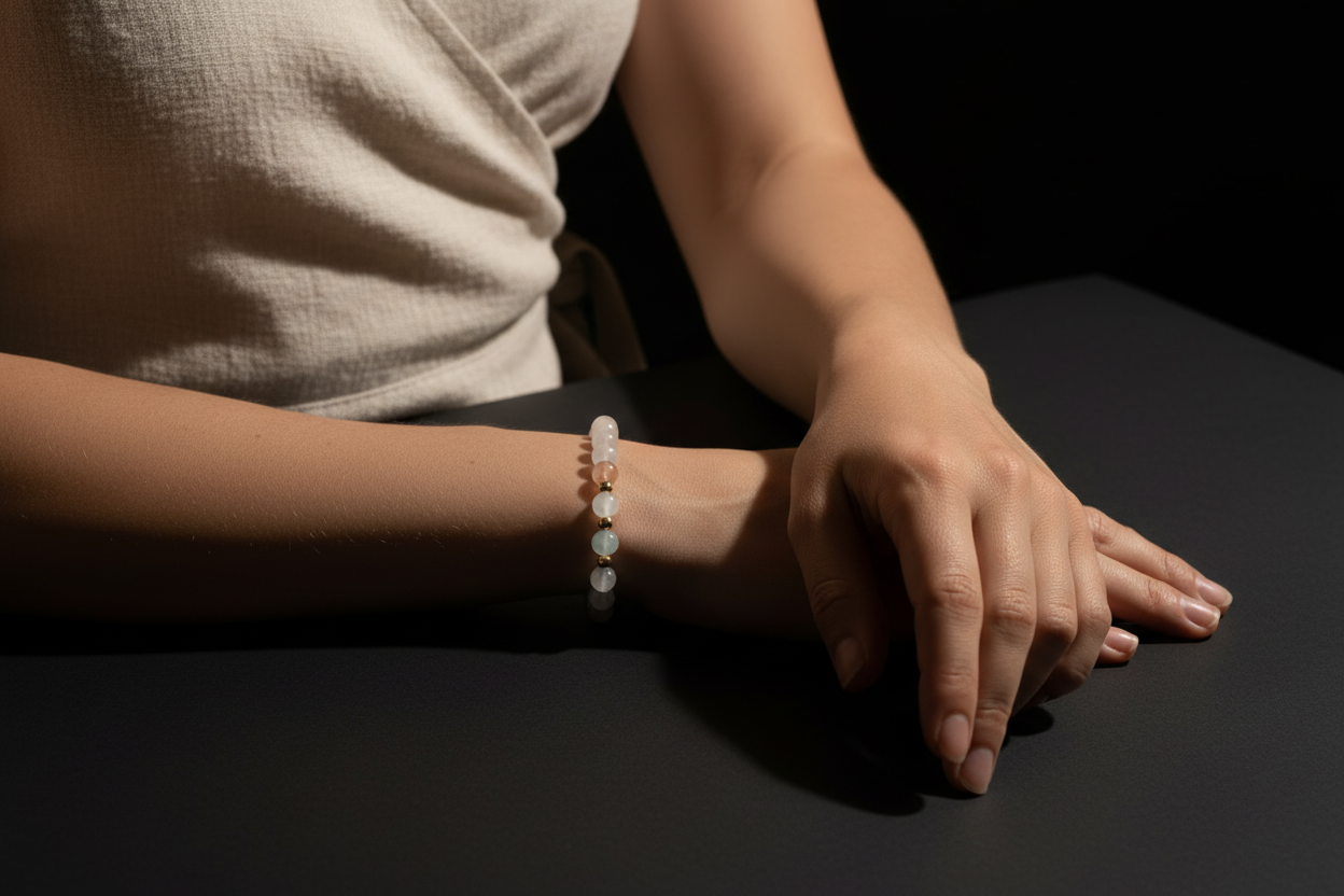 A close-up of a person's wrist wearing a delicate beaded bracelet with white and pale pink beads, resting on a dark surface.