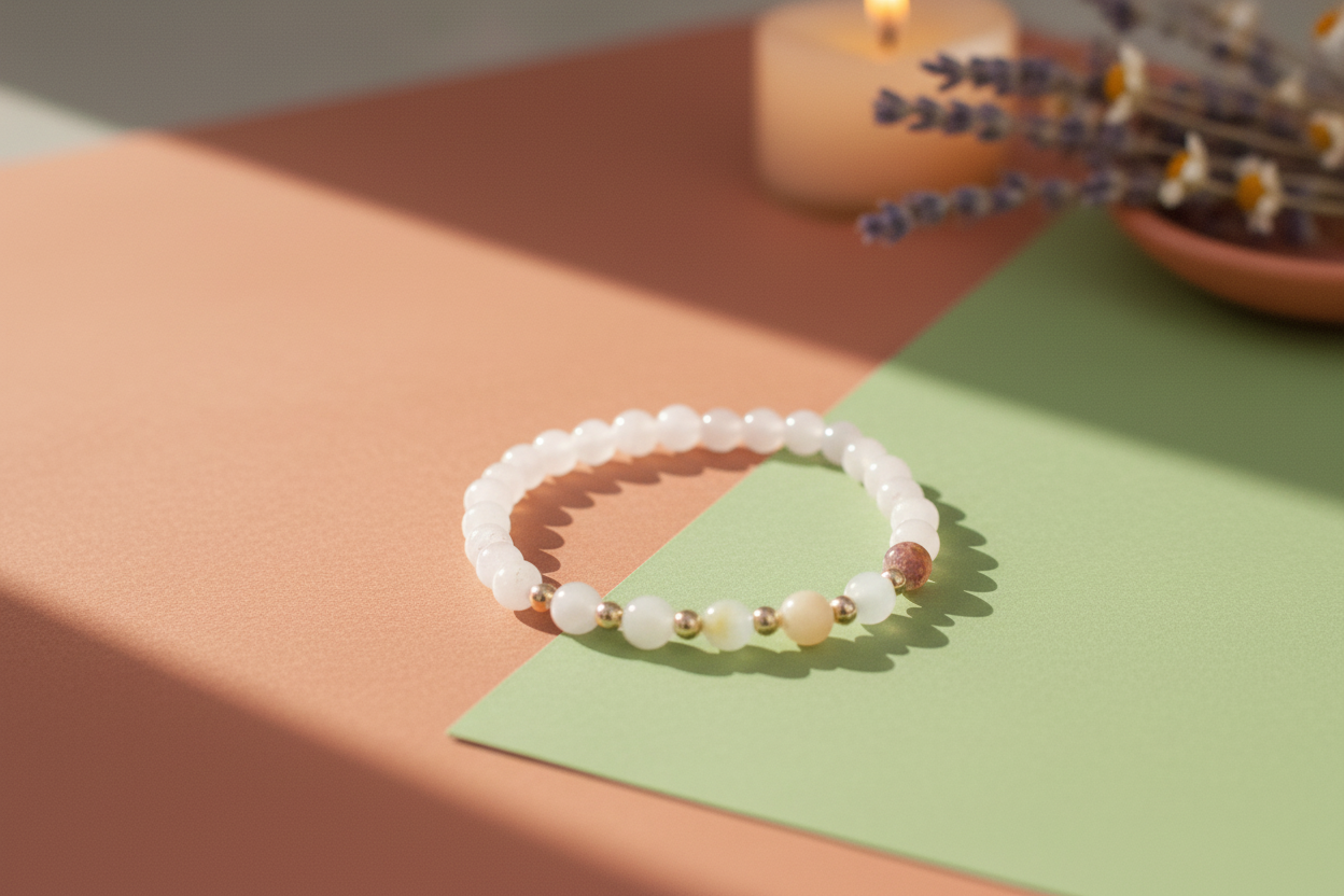 rose quartz beaded bracelet on a colorful background