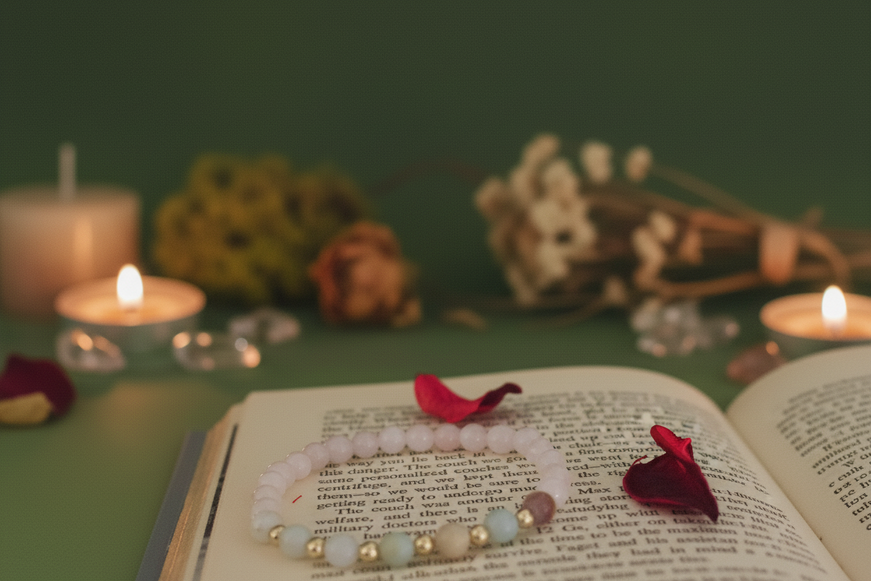 Bracelet with red stones on an open book