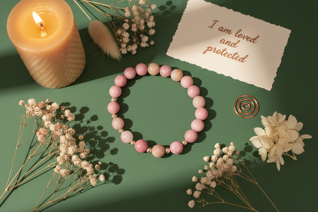 Pink beaded bracelet on a green surface with a lit candle, dried flowers, and a card reading 'I am loved and protected'.