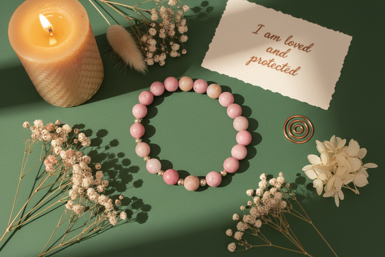 Pink beaded bracelet on a green surface with a lit candle, dried flowers, and a card reading 'I am loved and protected'.