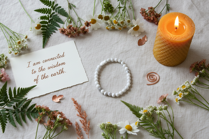 Quiet Armour Bracelet by Jewellery by JN with handwritten affirmation card, styled with ritual props on a creamy background.