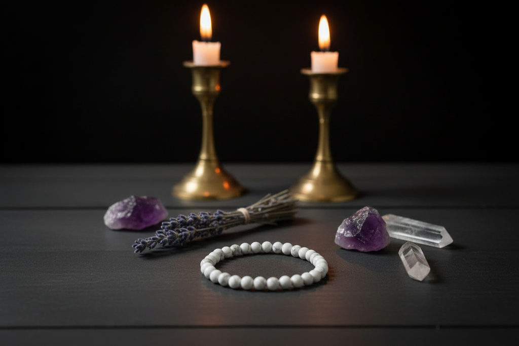 A white beaded bracelet arranged on a dark wooden surface, surrounded by crystals, a bundle of dried lavender, and two lit gold candlesticks against a black background.