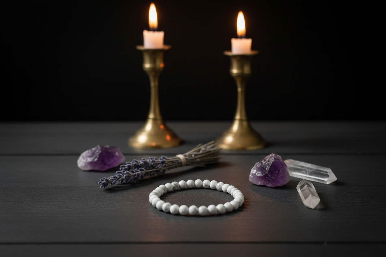 A white beaded bracelet arranged on a dark wooden surface, surrounded by crystals, a bundle of dried lavender, and two lit gold candlesticks against a black background.