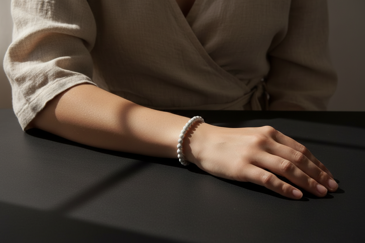A close-up of a person's hand resting on a dark surface, wearing a delicate white beaded bracelet. The person is wearing a beige linen wrap top, and the scene is lit by dramatic, directional sunlight casting soft shadows.