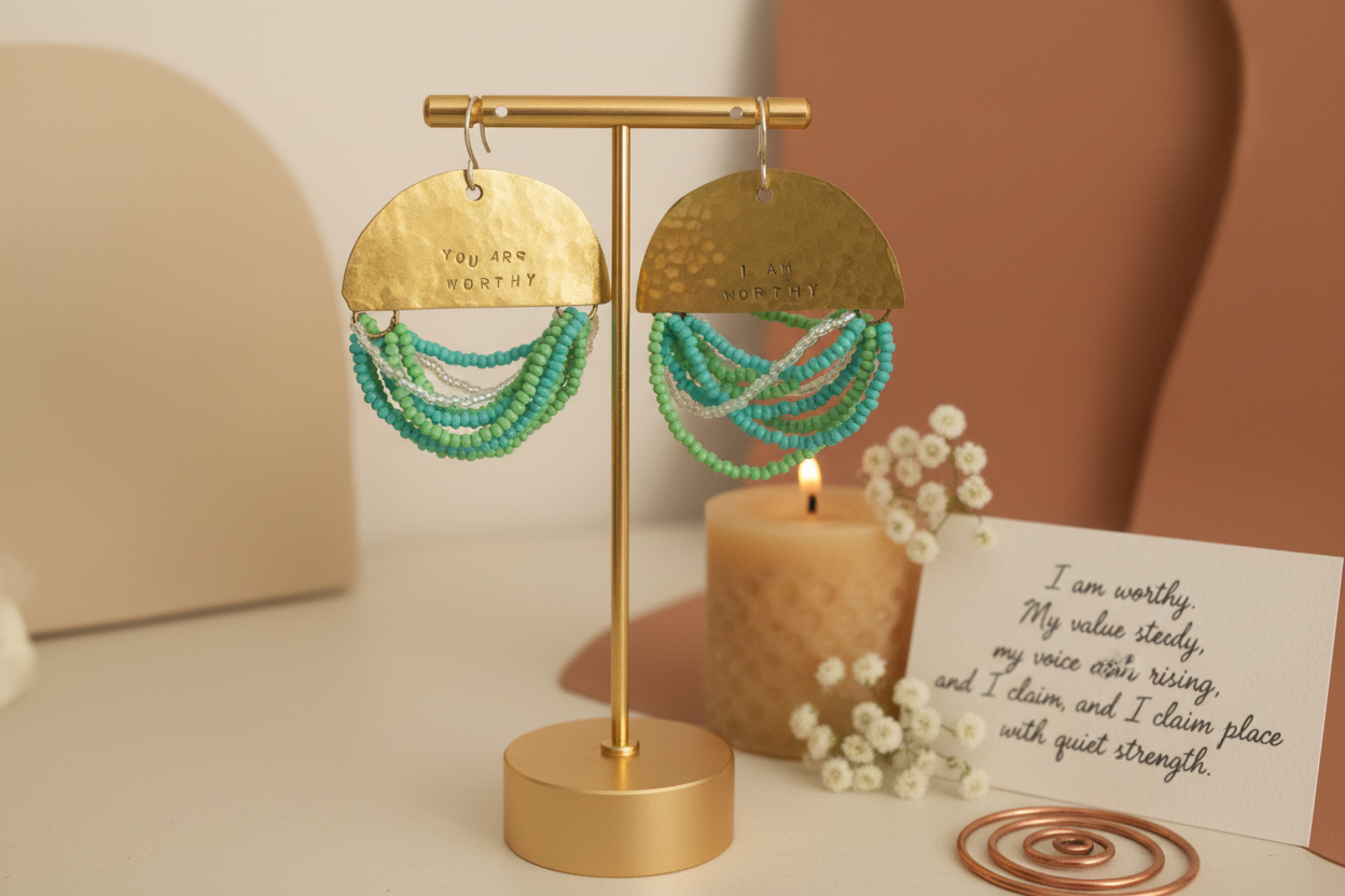 Half Moon Wordkeeper Earrings by Jewellery by JN in branded packaging with a handwritten affirmation card and ritual props on an earthy background