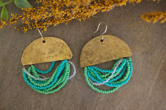 Half Moon Wordkeeper Earrings Worthy by Jewellery by JN, hand-sawed brass, bead fringe, dual affirmation, sterling silver ear wires